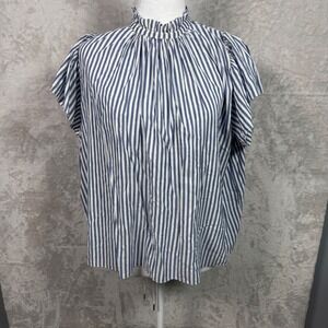 Trovata Birds of Paradis Blue White Striped Ruffle‎ Neck Short Sleeve Top S